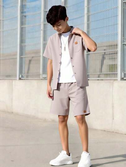 Vacaura Teenage Boys' Summer Outfit, Light Khaki Polo Collar Short Sleeve Shirt Paired With Casual Loose Shorts, Vacation Vibe