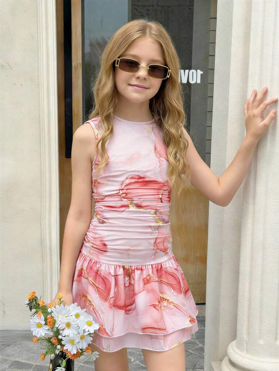 少女春夏度假海滩优雅波浪印花圆领无袖修身低腰双层荷叶边针织连衣裙 - 粉色 - 查看 1