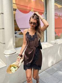 SHEIN Frenchy Women's Summer Contrast Lace Spaghetti Strap Wrap Hem Short Dress,Elegant Sexy Brown Satin Contrast Lace Splice Satin Slip Dress, Must-Have Little Brown Dress For Cocktail Party/Date,Casual Dress ,Vacation Outfits For Women,Elegant Dress,Wedding Guest Dress For Women,Beach Dress,Party Outfit,Elegant Party Dresses,Carnival Dress,Valentine's Day Dress,Summer Outfit For Women, Chocolate Brown Dress, Brown Satin Dress, Dark Brown Dress, Coffee Brown Dress - Coffee - View 3