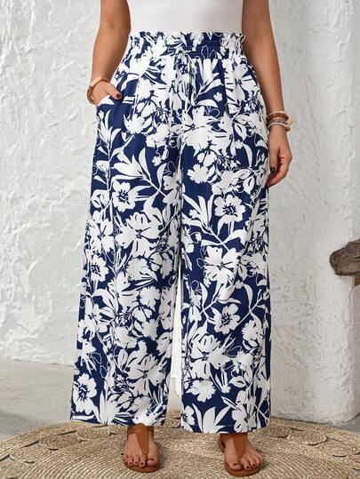 EMERY ROSE Pantalones casuales de talla grande para mujer con estampado floral, dobladillo con volantes, cordón en la cintura y bolsillos