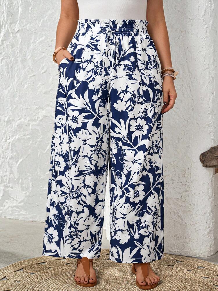Plus Size Women Floral Print Ruffle Hem Drawstring Waist Pockets Casual Pants\Summer\Vacation Boho Pants For Women Panama Pants Women S Summer Pants Wide Leg Pants Woman High Waist Beach Cover Up Pants Summer Outfits For Women  Beach Outfit For Women  Casual  Vacation Outfits Women Country Concert Outfit Peplum