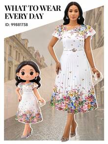 SHEIN Lady Petite Elegantes weißes Blumen Sommerkleid für Frauen, kurzes Trompetenärmel Rundhals Rüschen Midi-Länge Sommerkleid, Brunch Strand Resort Kleidung Hochzeitsgast Party, zierliche Frauen - Verschiedenfarbig - Übersicht 7