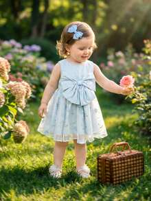 Souflis Souflis 法国新款女婴浅蓝色精致刺绣网纱无袖连衣裙，配3D蝴蝶结，适合派对、外出及各种场合。 - 淺藍色 - 查看 4