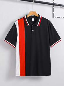 SHEIN 青少年男孩休閒條紋拼接針織寬鬆 Polo 衫 - 彩色 - 查看 5