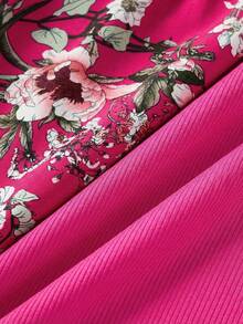 SHEIN LUNE 大码纯色圆领上衣和印花短裤两件套，女童夏季套装，女童春季服装，女士夏季两件套，女童碎花短裤套装，女童荷叶边袖上衣，儿童女童服装，幼儿女童短裤套装 - 玫紅色 - 查看 5