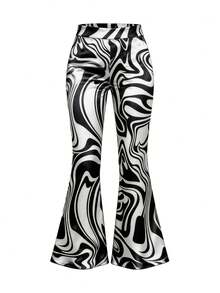 EMERY ROSE Women All-Over Print Elastic Waist Flare Leg Casual Pants - Multicolor - View 1