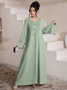 Al Najma Luxurious Embroidered & Beaded Loose Long Sleeve Split Maxi Dress, Turkish & Arabic Traditional Style - Green - View 6