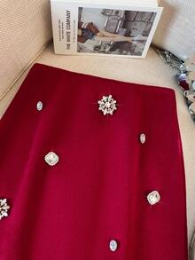 Elegant Short Skirt With Rhinestone Embellishment For Women - Burgundy - View 6