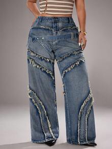 Jeanoix Jeans de pierna ancha lavados y deshilachados de talla grande - Azul - Ver 6