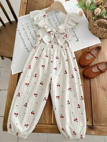 LMoss Kids Young Girl Cherry Print Ruffled Collar Jumpsuit - Multicolor - View 4