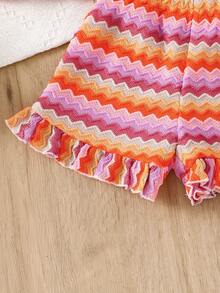 SHEIN Set de 2 piezas de top sin mangas y shorts a rayas tejidos para niña - Beis - Ver 4