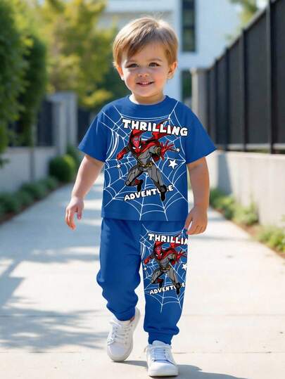 SHEIN 2pcs/Set Young Boy Casual Loose Warm Spider Print Oversized Graphic Tee And Pants, Sporty Style Outfit, Suitable For Spring/Summer