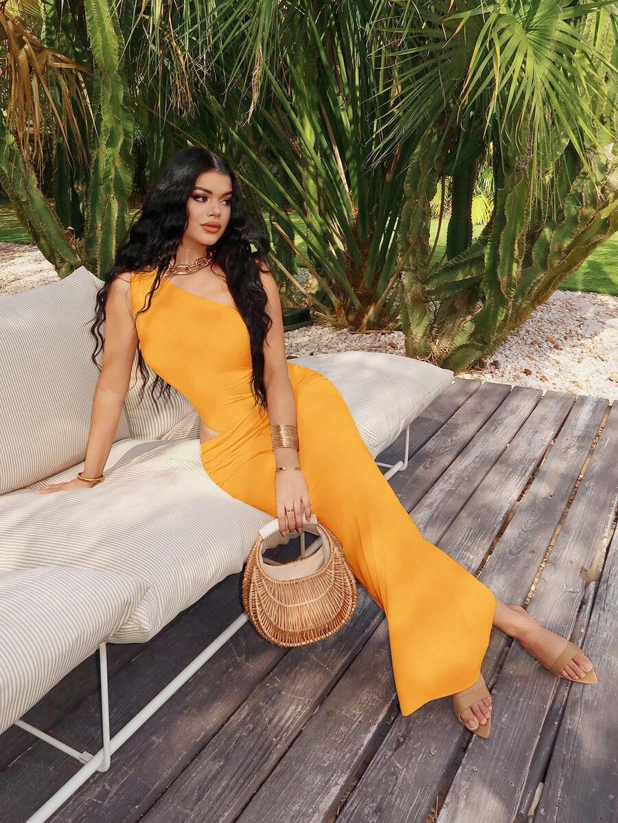SHEIN SXY Đầm nữ thanh lịch màu trơn khoét eo nhún bèo, thích hợp cho kỳ nghỉ hè, hẹn hò, sinh nhật, tiệc tùng, lễ tốt nghiệp, đi đảo, bãi biển. Bộ đồ hai mảnh màu cam, bộ đồ mặc nhà mùa hè, áo liền quần màu vàng cho nữ, bộ đồ hai mảnh màu vàng cho nữ, đầm maxi màu vàng cho nữ, đầm vàng cho nữ đi biển, bộ đồ hai mảnh cho nữ, trang phục nghỉ dưỡng mùa hè, đầm đi nghỉ mát cho nữ, đầm vàng mùa hè cho nữ, bộ đồ mùa hè phối hợp cho nữ. - Màu vàng - Xem 1