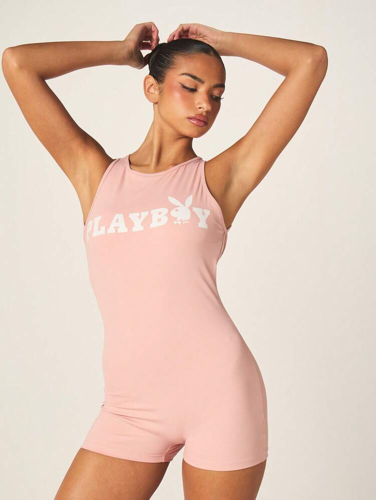 Missguided x Playboy Logo Cut Out Back Athletic Jumpsuit With Racerback Design Short Romper For Summer Activewear Casual Outfits