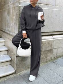 EURMUSE Bộ đồ 2 món thời trang đường phố thường ngày cho nữ, áo nỉ có mũ trùm đầu màu tương phản, có gân, dây rút - Xám - Xem 3