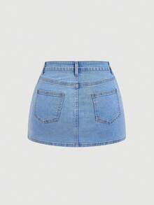 SHEIN MOD Chân váy denim nữ kiểu dáng thường ngày với thiết kế dây buộc khoen và túi. - Rửa nhẹ - Xem 2