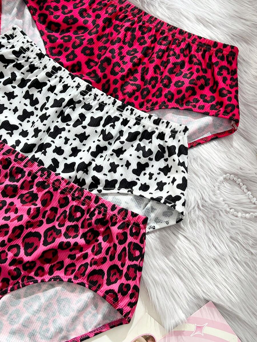 Snug Zone 3pcs Women High Waist Vertical Striped Leopard Print Briefs - Multicolor - View 1