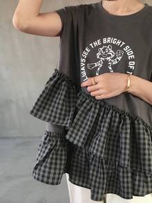 FRIFUL Women's Summer Plaid Patchwork Pleated Ruffle Hem Printed Loose Casual Versatile T-Shirt - Grey - View 5