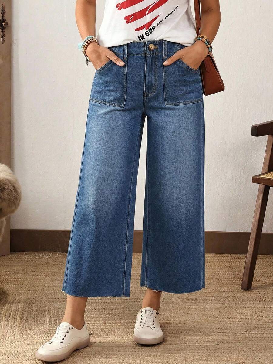 EMERY ROSE Women's Straight Leg Casual Summer Versatile Jeans With Pockets - Blue - View 1