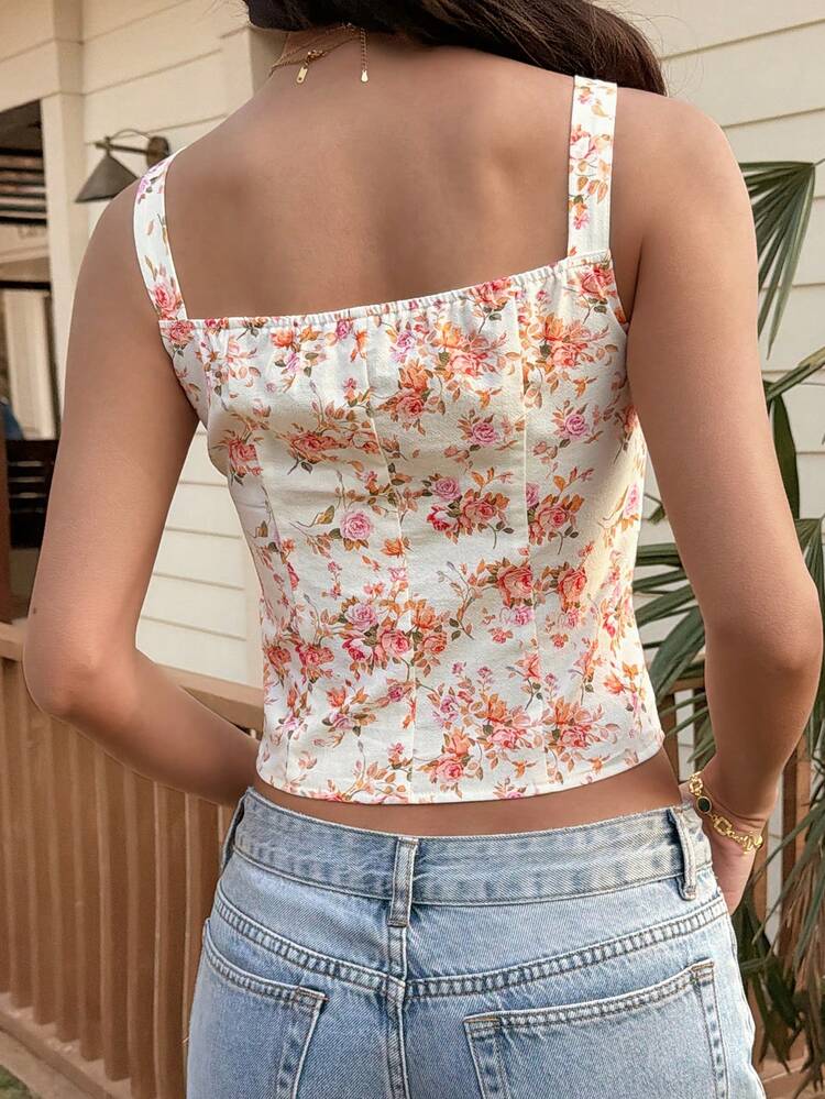 Women's Floral Print Bow Decor Ruffle Camisole For Vacation Boho