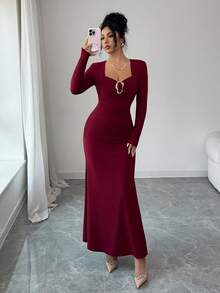 Elenzga Váy dự tiệc thanh lịch dành cho nữ, màu đỏ tía, cổ áo hình trái tim, nút trang trí bằng kim loại, thiết kế nhún bèo, tay dài, dáng ôm, viền xòe, phù hợp cho mùa xuân và mùa thu - Màu Đỏ Sâu - Xem 7