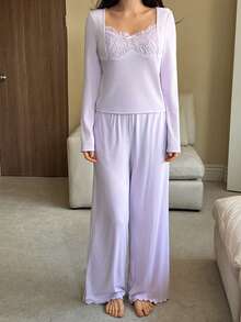 DAZY Charming Lace Patchwork Soft Knit Women Pajama Set - Purple - View 4