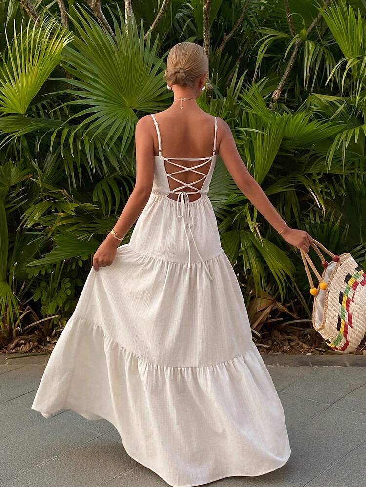 Women's Solid Color Ruffle Hem Casual Maxi Slip Dress Boho