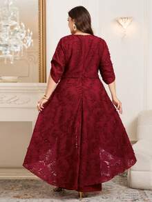 Reflora Plus Size Burgundy Elegant Wedding Jumpsuits For Women,Winter Crossover Wrap Ruched Waist Floral Decor Mid-Rise Jumpsuit, Party Outfits - Burgundy - View 2