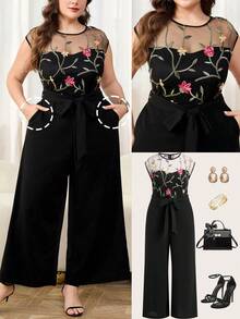 Reflora Mono elegante para mujer de talla grande, mono con bordado colorido y bolsillos, mono de pantalón largo para primavera y verano, adecuado para uso diario y salidas - Multicolor - Ver 6