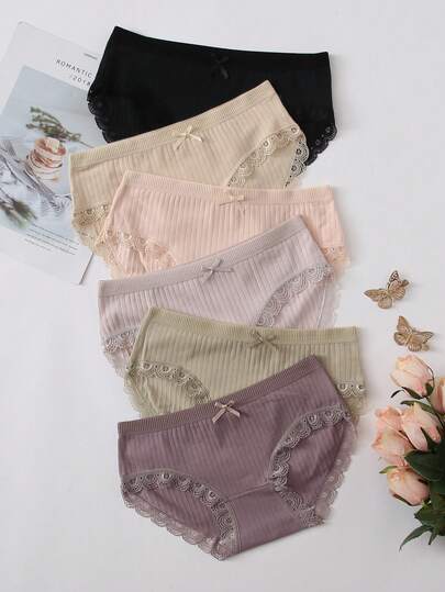 6件套羅紋蕾絲邊內褲套裝