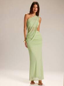 SHEIN BAE 女士纯色褶皱无袖上衣和半裙两件套，适合度假穿着 - 綠色 - 查看 4