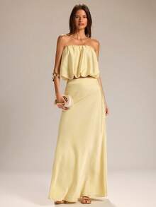 SHEIN BAE 黄色无肩带泡泡袖缎面上衣和黄色鱼尾裙两件套，缎面两件套，黄色两件套，婚礼宾客两件套，约会之夜两件套，毕业典礼两件套 - 黃色 - 查看 1