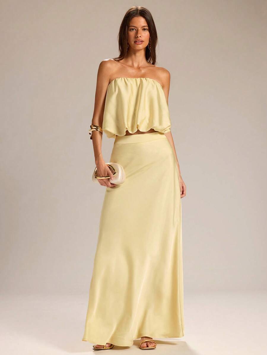 SHEIN BAE 黄色无肩带泡泡袖缎面上衣和黄色鱼尾裙两件套，缎面两件套，黄色两件套，婚礼宾客两件套，约会之夜两件套，毕业典礼两件套 - 黃色 - 查看 1