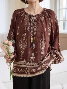 Vivie Lora Women's Bohemian Style Loose Long Sleeve Shirt - Burgundy - View 2