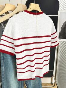 Franclia Nueva llegada Primavera/Verano Estilo coreano Casual Suelta Personalizada Blusa de punto de mujer a rayas con contraste de color - Rojo y blanco - Ver 2