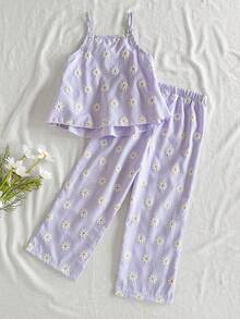 Vintaside Kids 女童紫色格子印花无袖上衣和配套长裤两件套，修身剪裁，适合外出、休闲、运动、派对等场合。 - 紫丁香色 - 查看 2