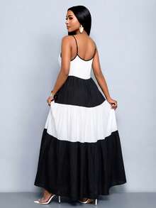 SOLERSUN Spring/Summer Women's Wear: Elegant And Casual Resort Style, Black And White Color Block, Woven Fabric, Sleeveless, Thin Straps, Layered Pleats, Full Skirt Maxi Dress Women Vacation Dress Summer Long Dress Tiered Maxi Dress - Black - View 2