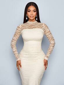 SOLERSUN 性感优雅简约春秋女士碎花连衣裙 - 杏色 - 查看 4