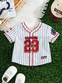 SHEIN 男婴休闲条纹字母图案宽松短袖上衣，运动风，适合夏季、春季户外运动、旅行和度假穿着。 - 彩色 - 查看 4