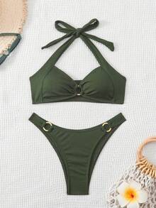 Swim Basics Conjunto de bikini de dos piezas para mujer con parte superior tipo sujetador de cuello de halter y Bottom de unicolor para la playa y el verano, color marrón - Verde - Ver 3
