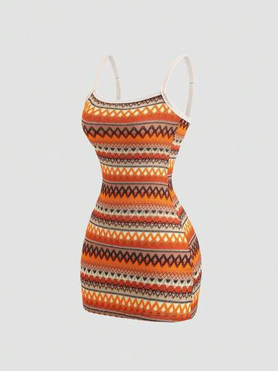 Sweetra Vestido de tirantes con diseño de rayas onduladas tejidas en naranja para mujer, silueta ajustada, sexy y romántico para vacaciones