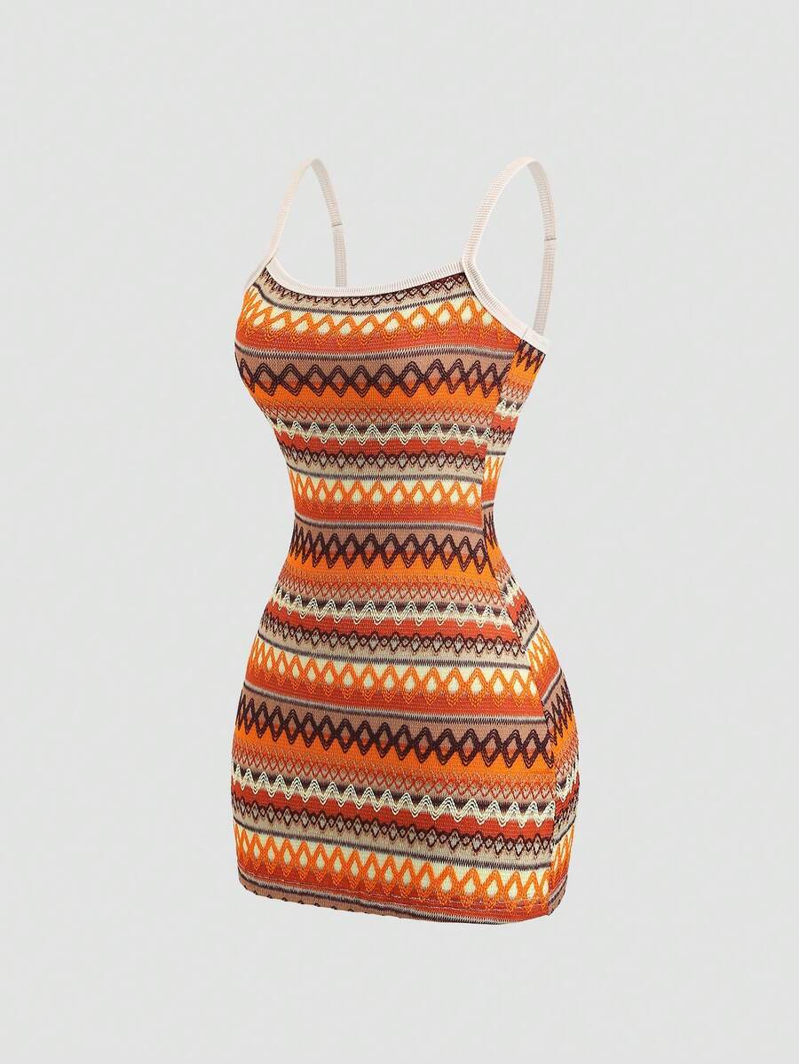 Sweetra 女士橙色编织波浪条纹吊带连衣裙，修身剪裁，性感欧式风格，浪漫度假之选 - 橘色 - 查看 1