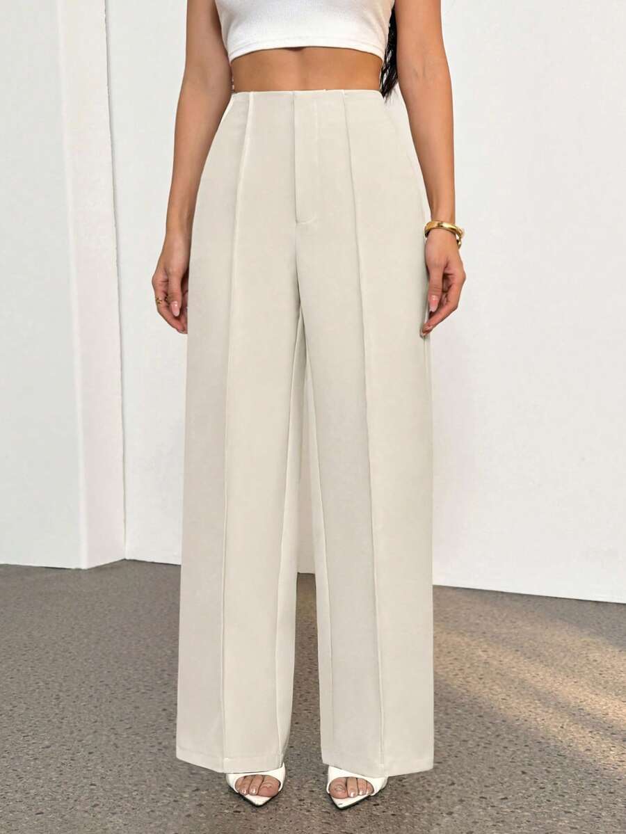 SHEIN PETITE Summer Ladies Light Beige Suit Pants, Commuting And Elegant Dating Work Pants,Business Casual Woman - White - View 1