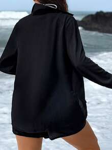 Swim Vcay 女士黑色长袖衬衫和短裤套装，休闲沙滩度假罩衫 - 黑色 - 查看 2