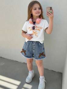 Elladie kids 女童休闲甜美日常圆领短袖露脐蝴蝶结印花T恤和松紧腰蝴蝶结牛仔短裤套装 - 杏色 - 查看 9