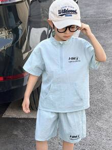 SHEIN Little Byeori Young Boys Casual Printed Short Sleeve T-Shirt And Shorts Set - Baby Blue - View 6