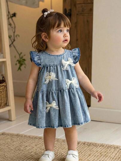 Genkimix Kids 1 pieza Vestido casual de niña bebé de mezclilla azul lavada con lazo bordado y decoración floral