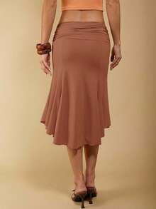 COSMINA Women's Elegant Asymmetrical Ruched Brown Skirt, Suitable For Spring And Summer - Brown - View 2