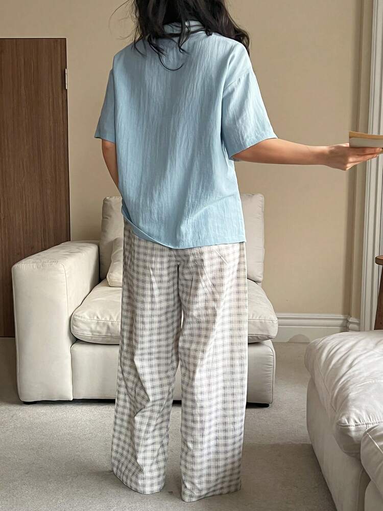 Japanese Style Solid Color Short Sleeve Top And Plaid Pajama Pants Women Sleepwear Set