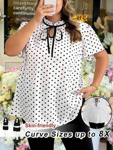 SHEIN CURVE+ Áo sơ mi tay ngắn chấm bi cỡ lớn, thời trang mùa hè, trang phục công sở thường ngày cho nữ/2026/năm mới - Đen và trắng - Xem 1